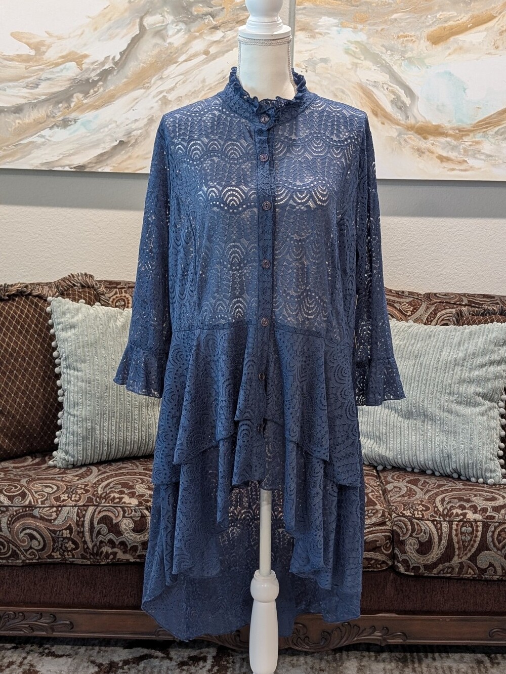 Blue Lace Ruffled High-Low Blouse